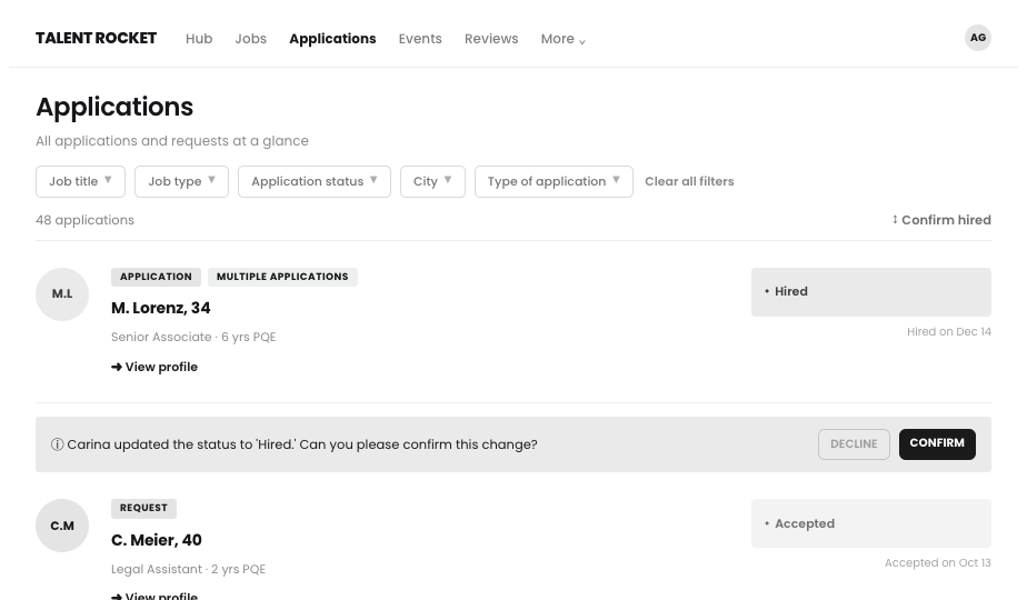 Employer application view